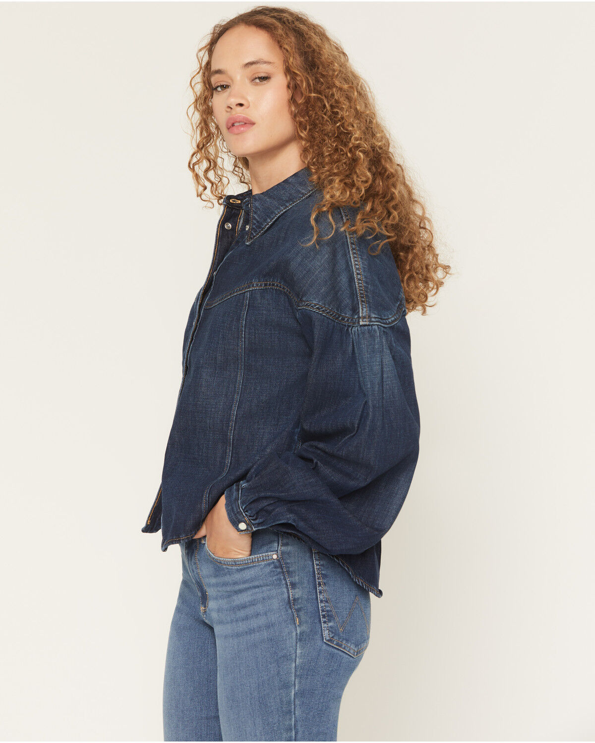 Image #2 - Wrangler Women's Dark Wash Pintuck Long Sleeve Snap Denim Shirt, Dark Wash, hi-res