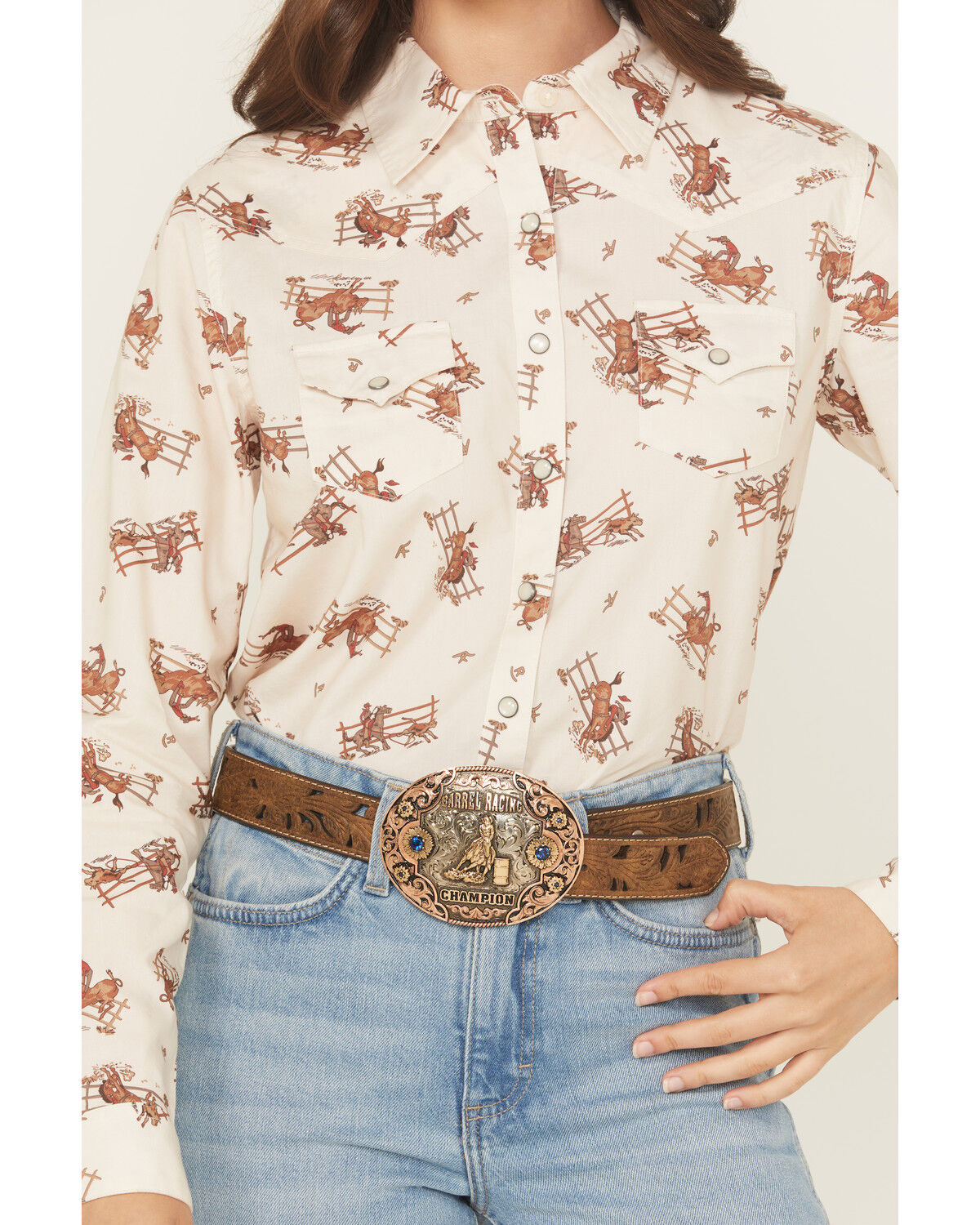 Image #3 - Cruel Girl Women's Horse Rider Conversational Print Long Sleeve Snap Western Shirt, Cream, hi-res