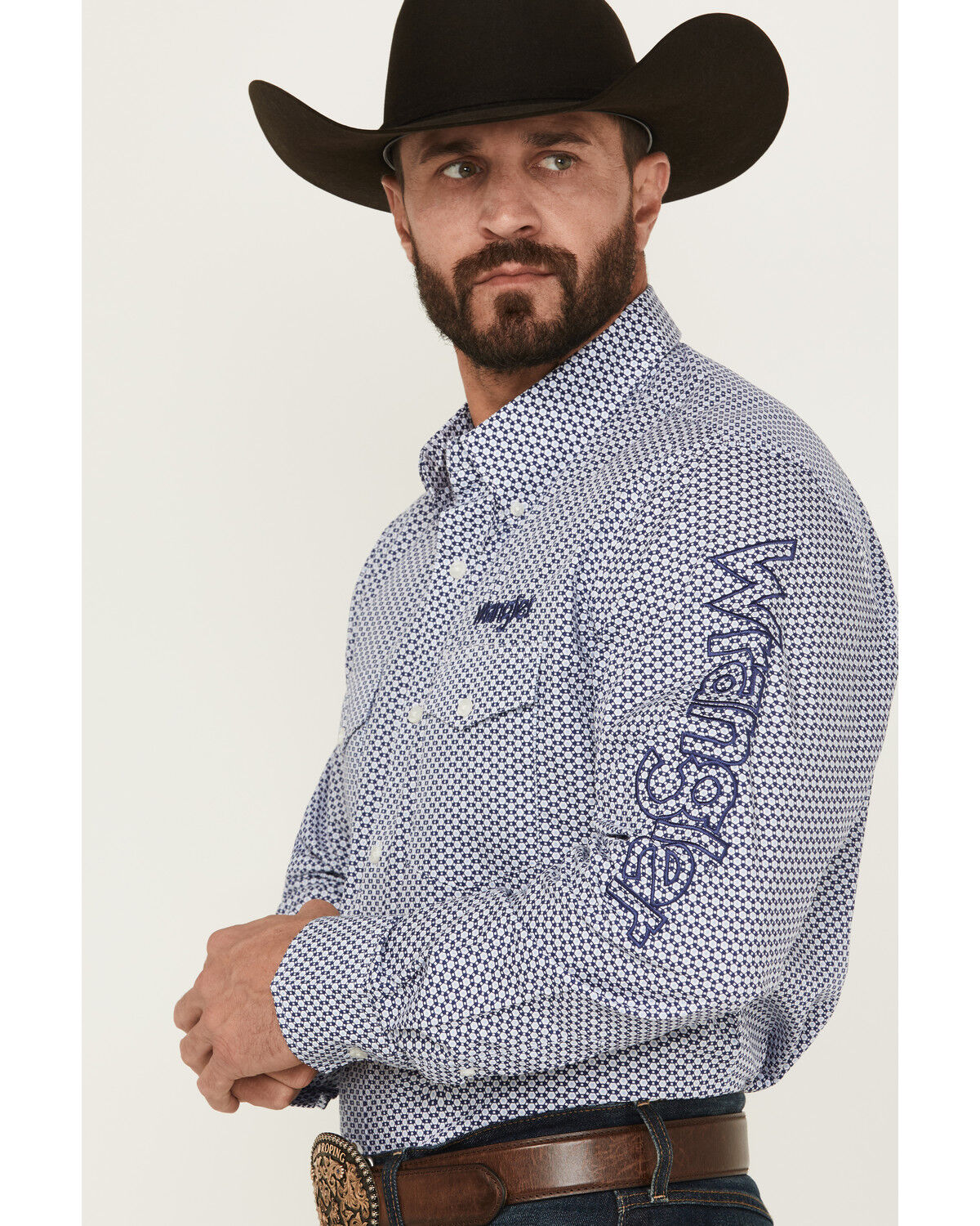 Image #2 - Wrangler Men's Logo Geo Print Long Sleeve Button-Down Western Shirt - Tall, Blue, hi-res