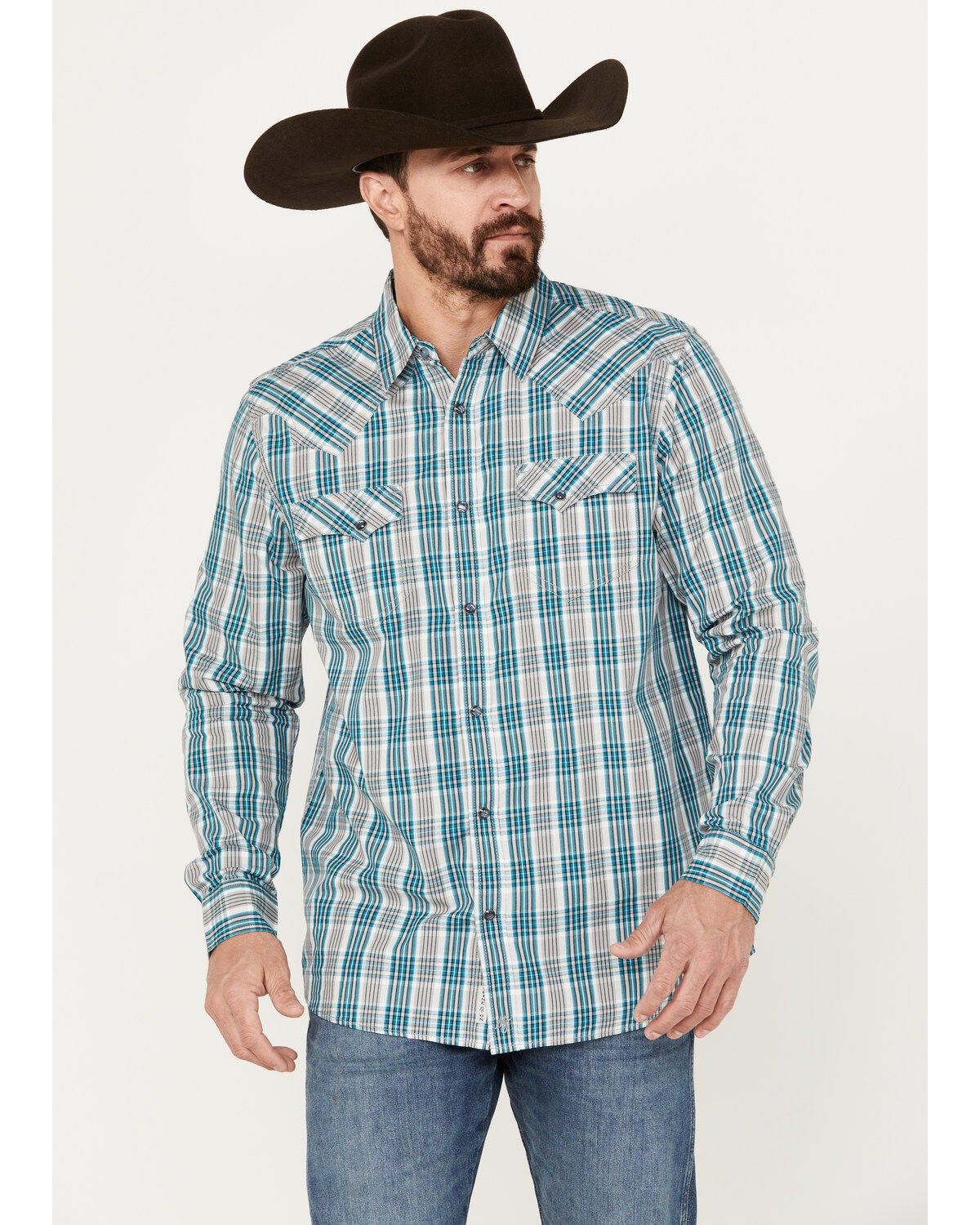 Moonshine Spirit&reg; Men's Agave Plaid Print Long Sleeve Western Snap Shirt, Grey, hi-res