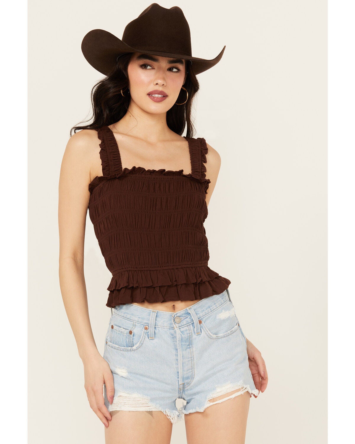 Shyanne Women's Smocked Tank Top, Dark Brown, hi-res