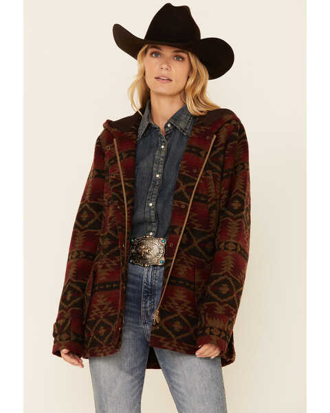 Image #1 - Outback Trading Co. Women's Boot Barn Exclusive Red Myra Aztec Print Storm-Flap Hooded Jacket , , hi-res
