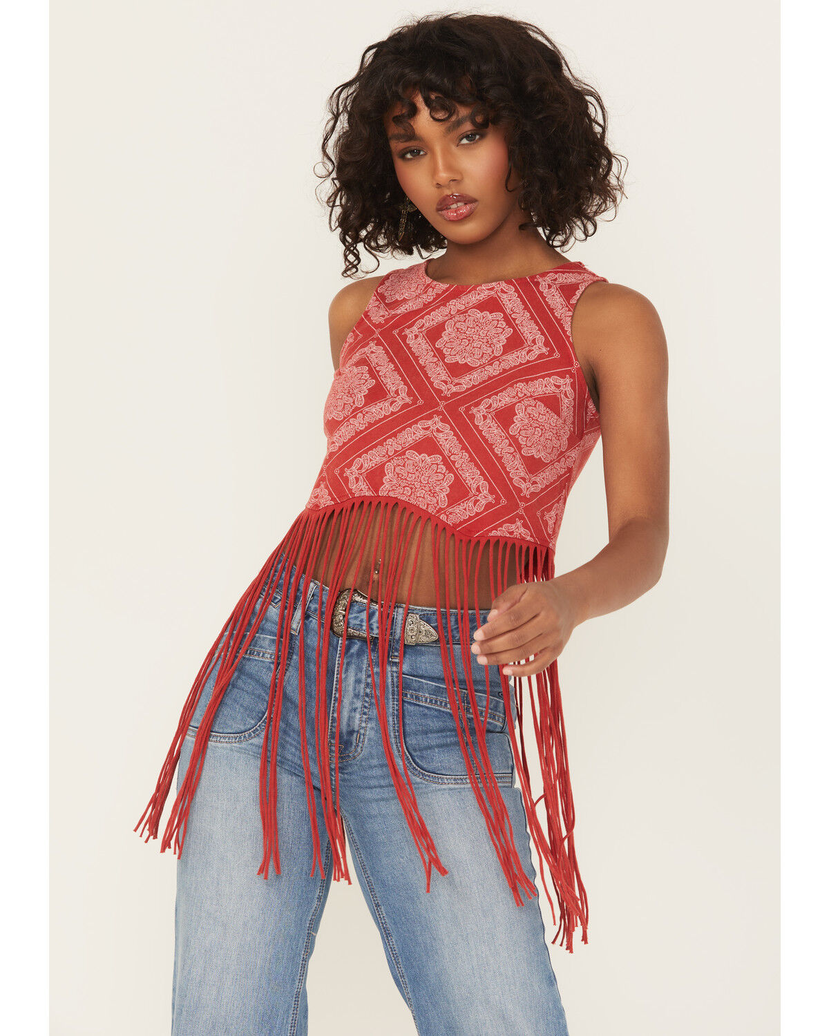 Rock & Roll Denim Women's Bandana Print Fringe Tank Top, Red, hi-res