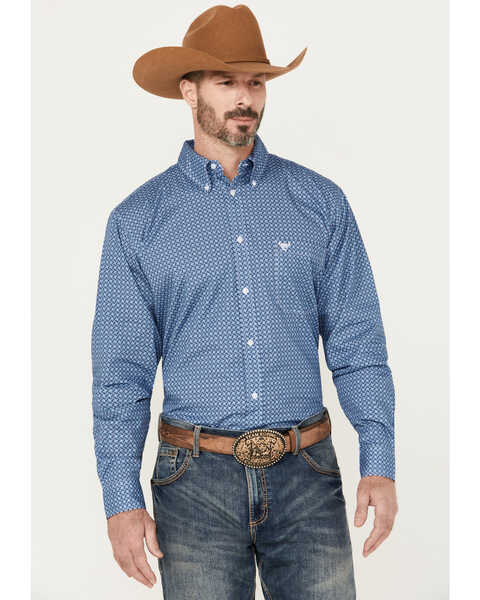 Image #1 - Cowboy Hardware Men's Twisted Adobe Geo Print Long Sleeve Button-Down Western Shirt , Blue, hi-res