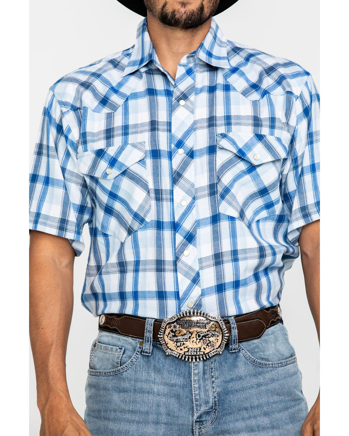 Image #4 - Resistol Men's Blue Vallecito Large Plaid Short Sleeve Western Shirt, , hi-res
