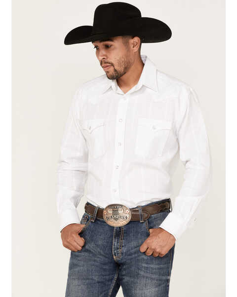 Rough Stock By Panhandle Men's Tonal Dobby Plaid Print Long Sleeve Snap Western Shirt , White, hi-res