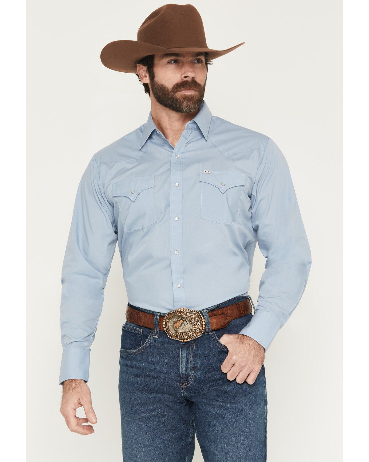 Image #1 - Ely Walker Men's Solid Long Sleeve Pearl Snap Western Shirt, Light Blue, hi-res