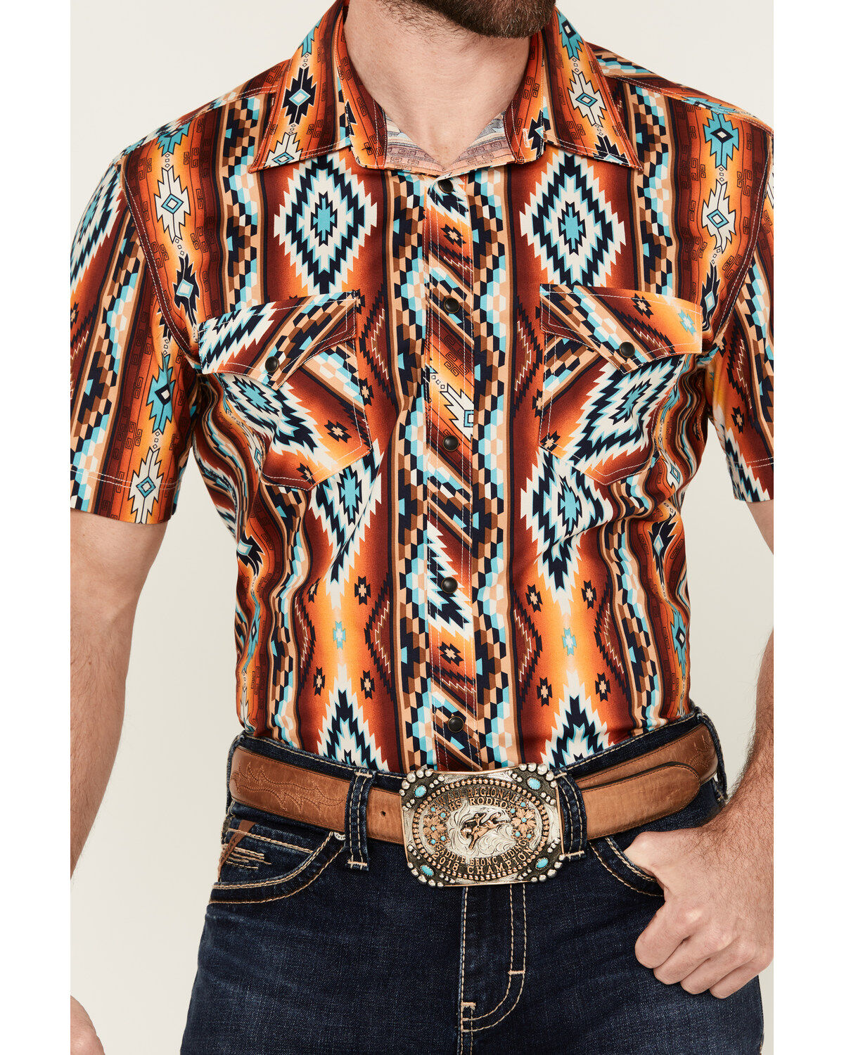Image #3 - Rock & Roll Denim Men's Southwestern Print Short Sleeve Snap Stretch Western Shirt, , hi-res