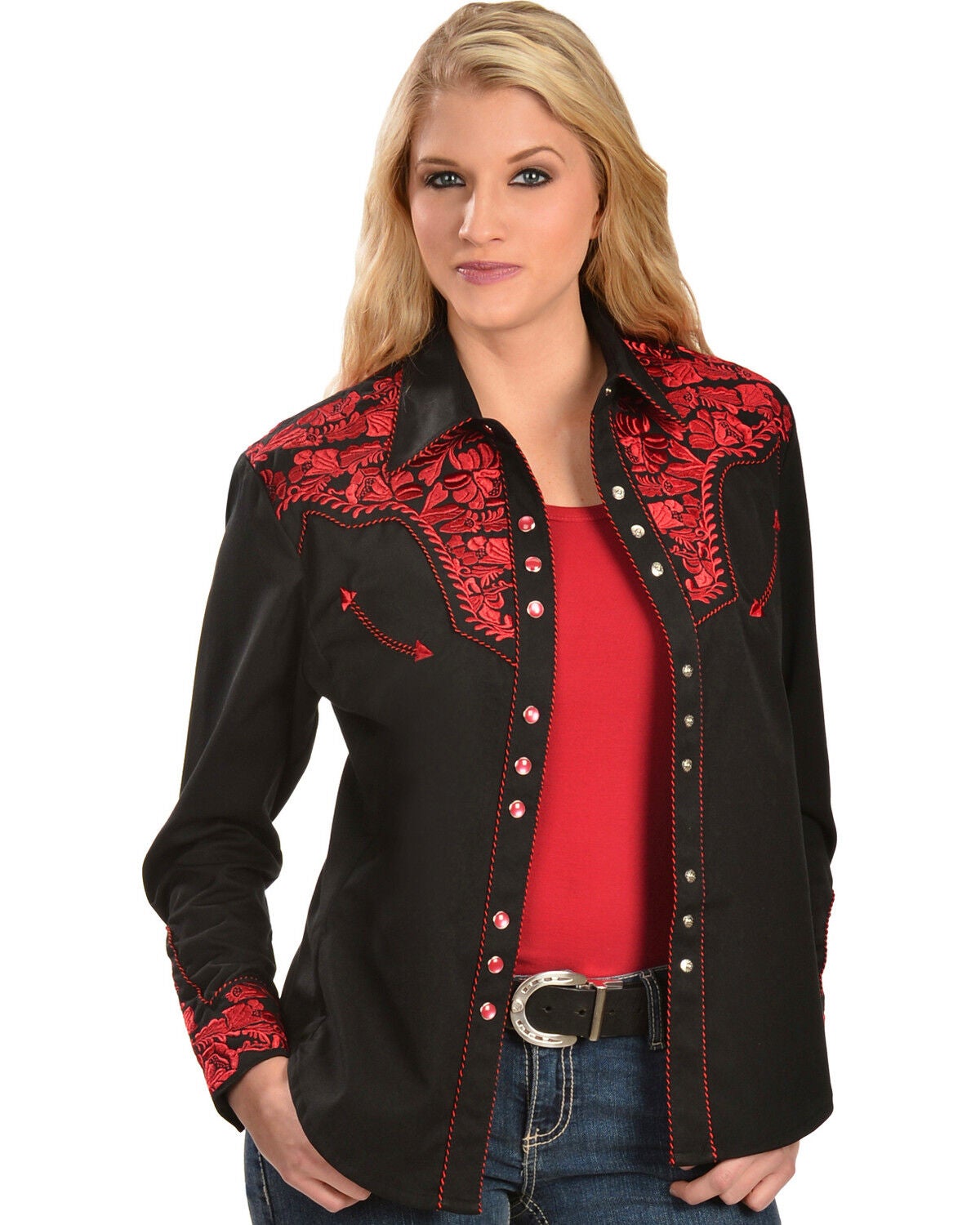 Image #1 - Scully Women's Crimson Floral Embroidered Shirt, Red, hi-res