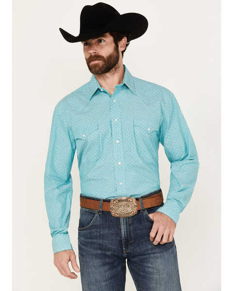 Rough Stock by Panhandle Men's Dotted Striped Long Sleeve Pearl Snap Western Shirt, Turquoise, hi-res
