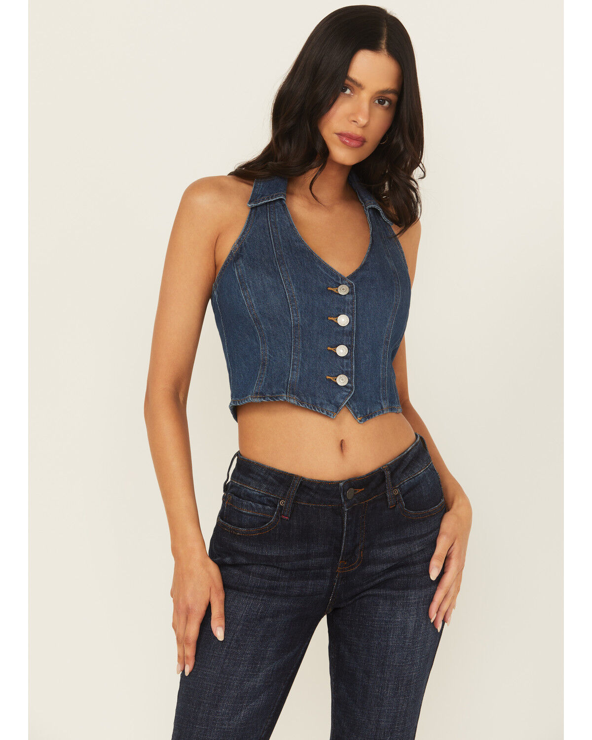 Image #1 - Levi's Women's Dark Wash Denim Halter Top, Blue, hi-res