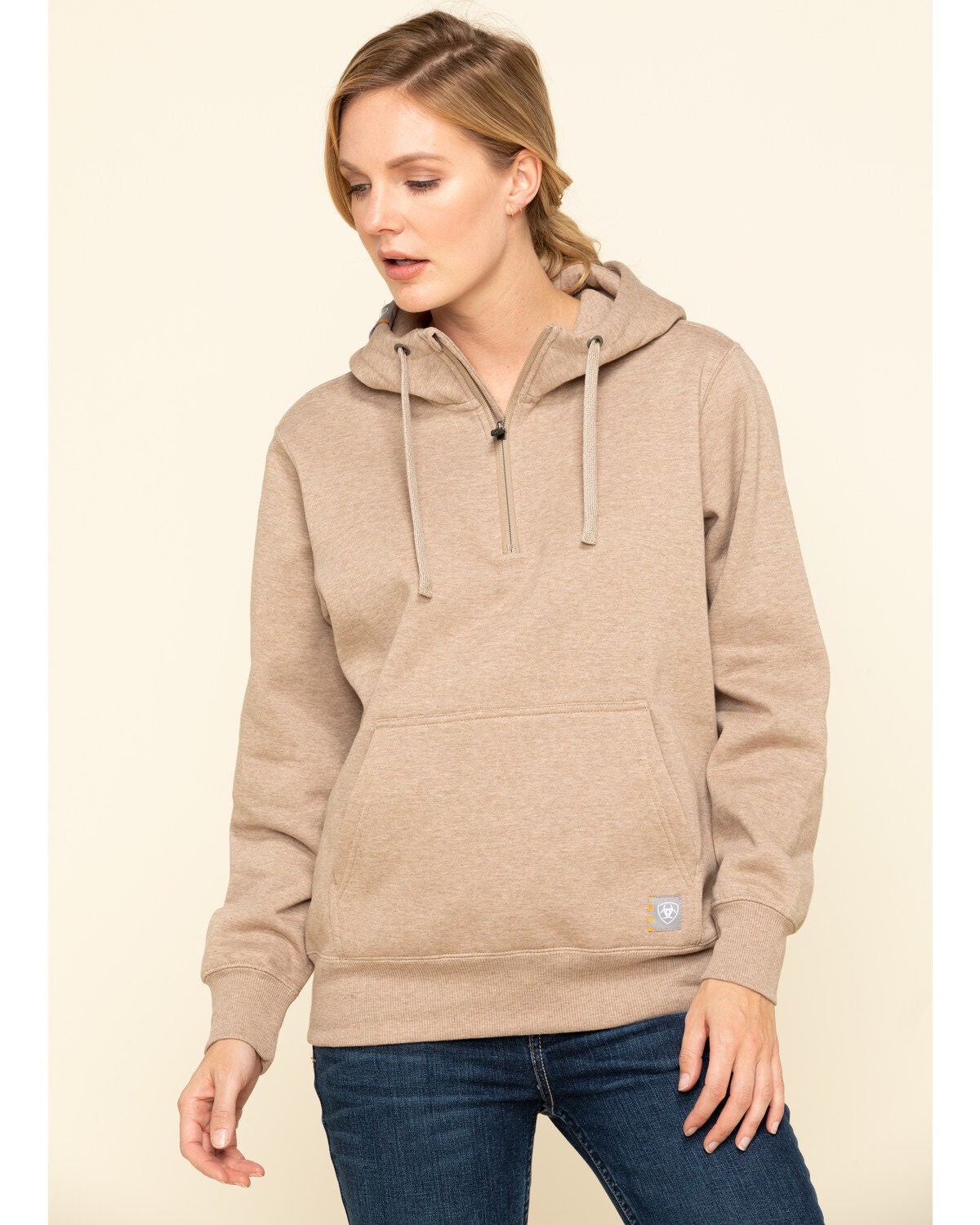 Ariat Women's Dark Oatmeal Heather Rebar Skill Set Zip Hooded Pullover, Oatmeal, hi-res