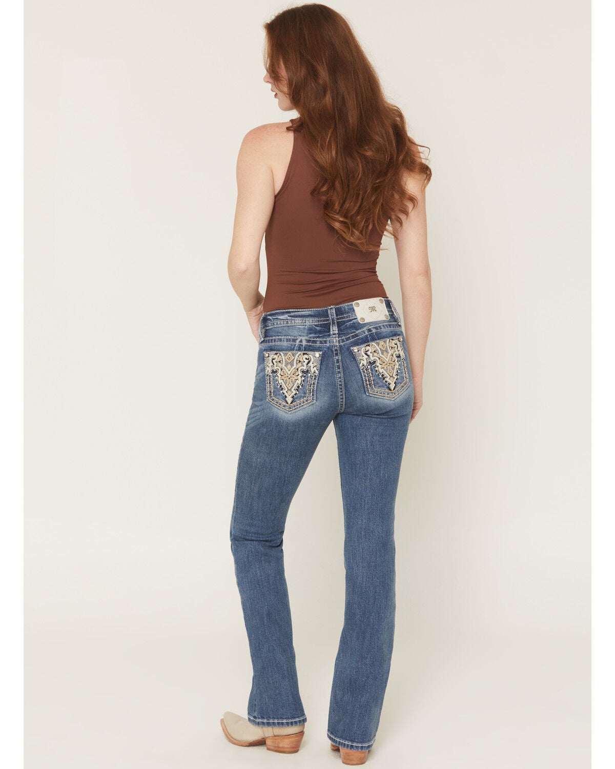 Miss Me Women's Medium Wash Mid Rise Geo Pocket 32" Bootcut Stretch Denim Jeans, Medium Wash, hi-res