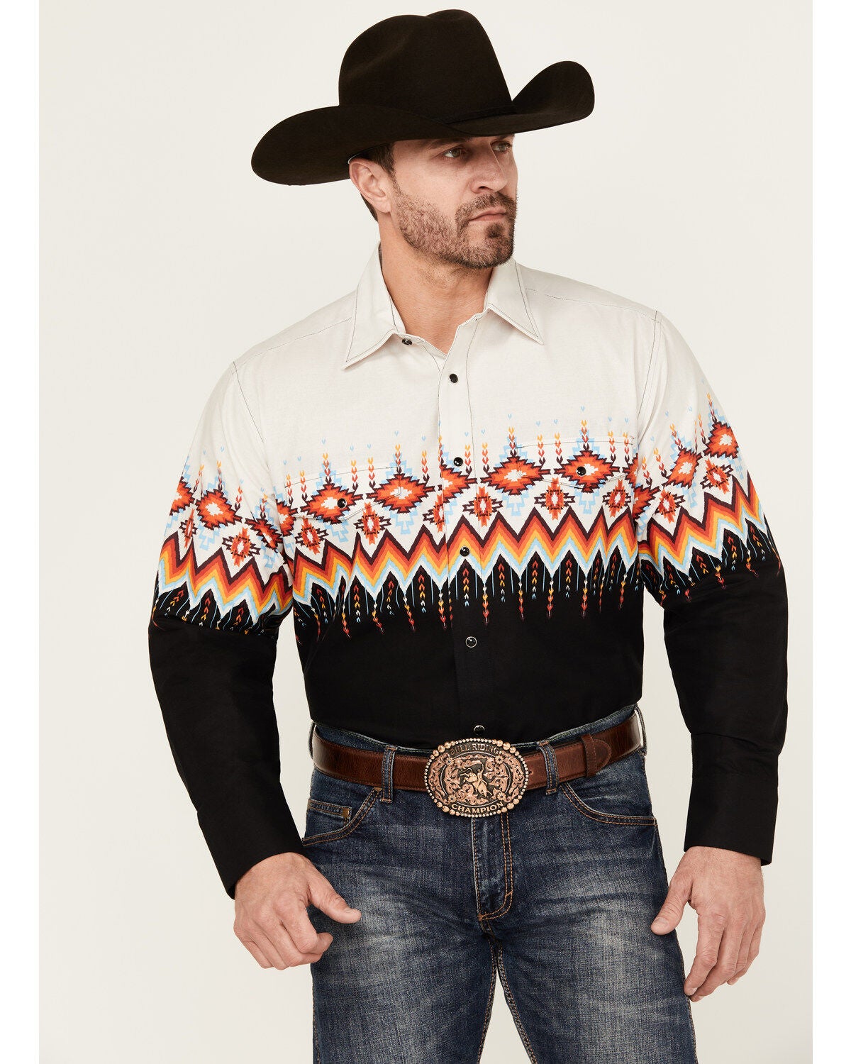 Panhandle Men's Southwestern Border Print Long Sleeve Snap Western Shirt, Black, hi-res