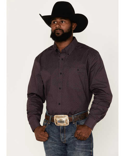 Rank 45 Men's Coal Geo Print Long Sleeve Button-Down Stretch Western Shirt, Purple, hi-res