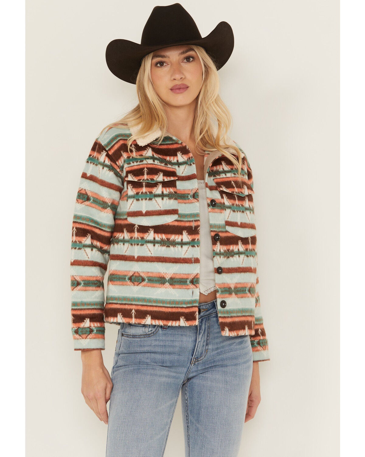 Rock & Roll Denim Women's Southwestern Print Sherpa Jacket, Blue, hi-res