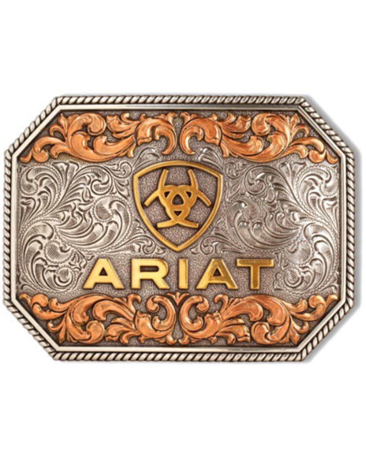 Ariat Men's Tri-Tone Logo Rectangular Belt Buckle, Silver, hi-res