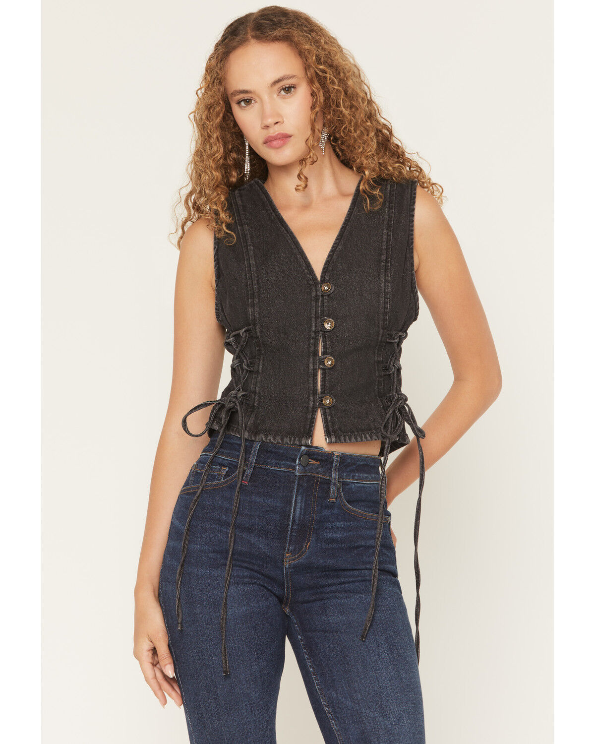 Image #1 - Saints & Hearts Women's Side Tie Button-Down Denim Vest, Black, hi-res