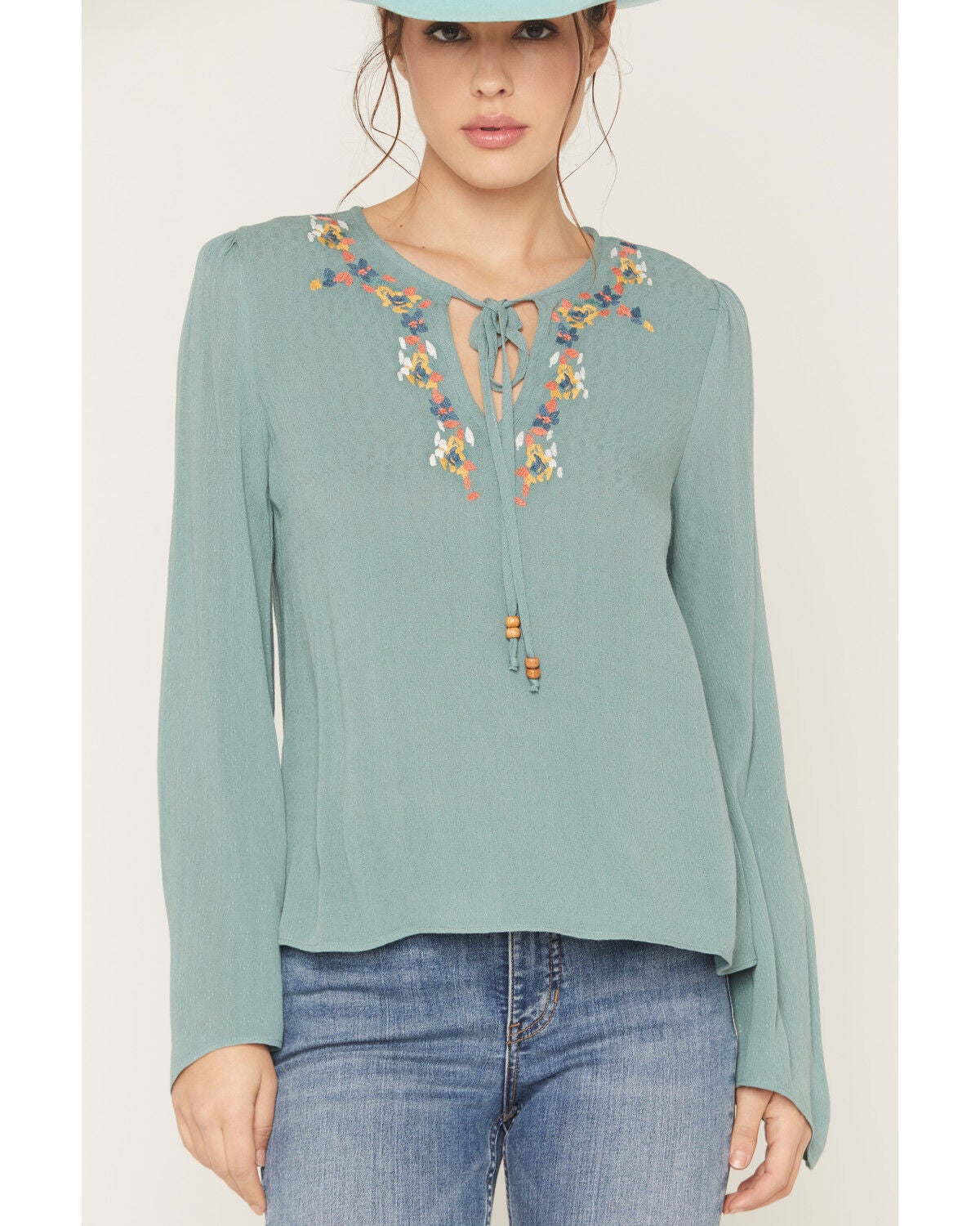 Image #4 - Shyanne Women's Long Sleeve Embroidered Trim Top, Aqua, hi-res