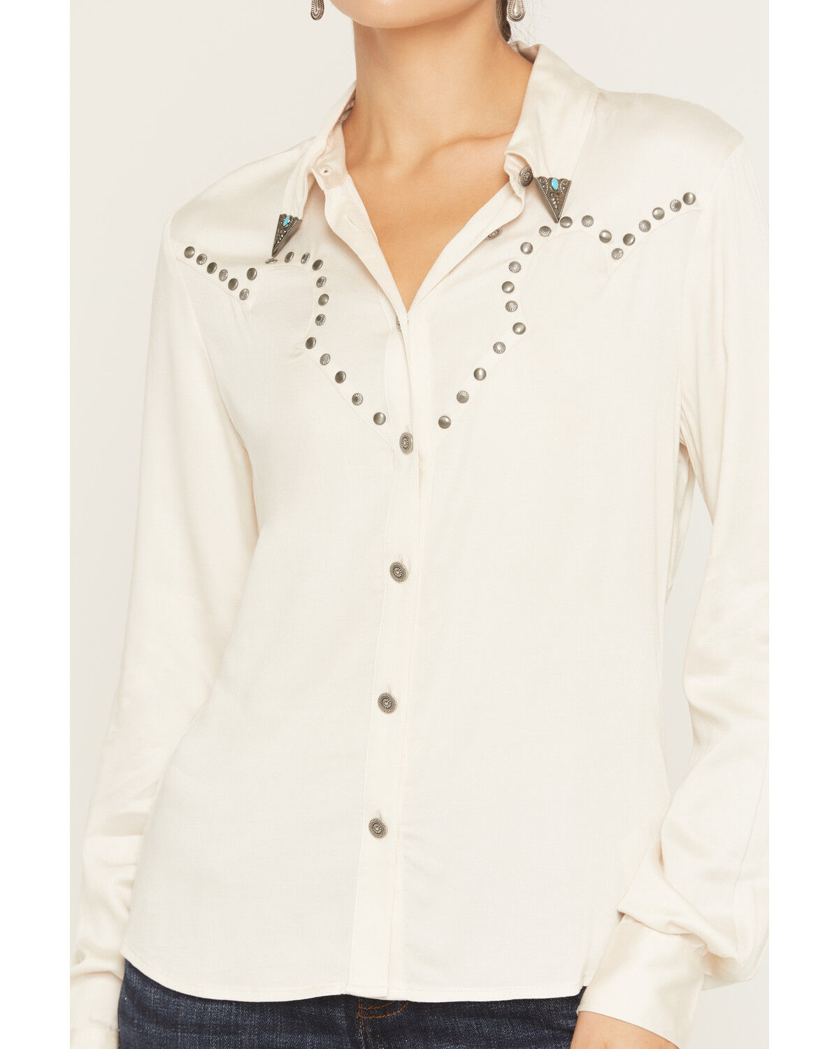 Image #3 - Idyllwind Women's Fairlawn Sateen Studded Long Sleeve Button-Down Western Shirt, Cream, hi-res