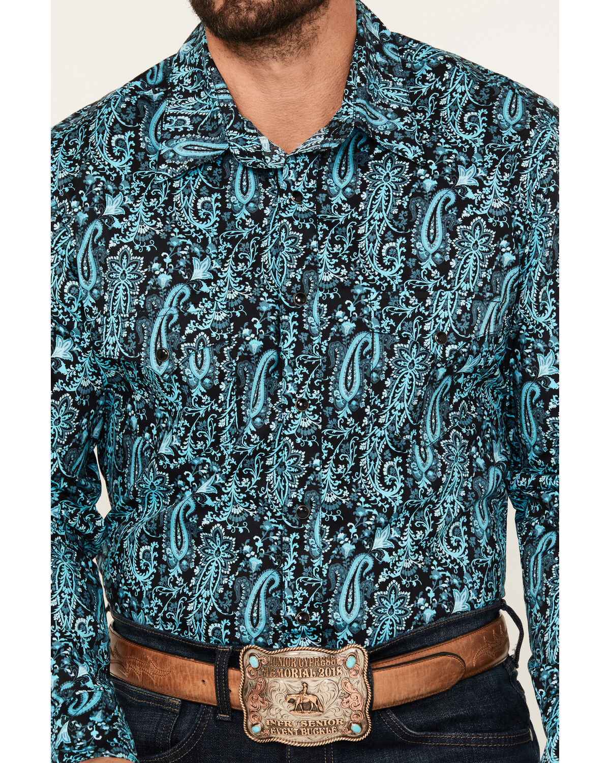 Image #3 - Rock & Roll Denim Men's Paisley Print Long Sleeve Snap Stretch Western Shirt, Teal, hi-res