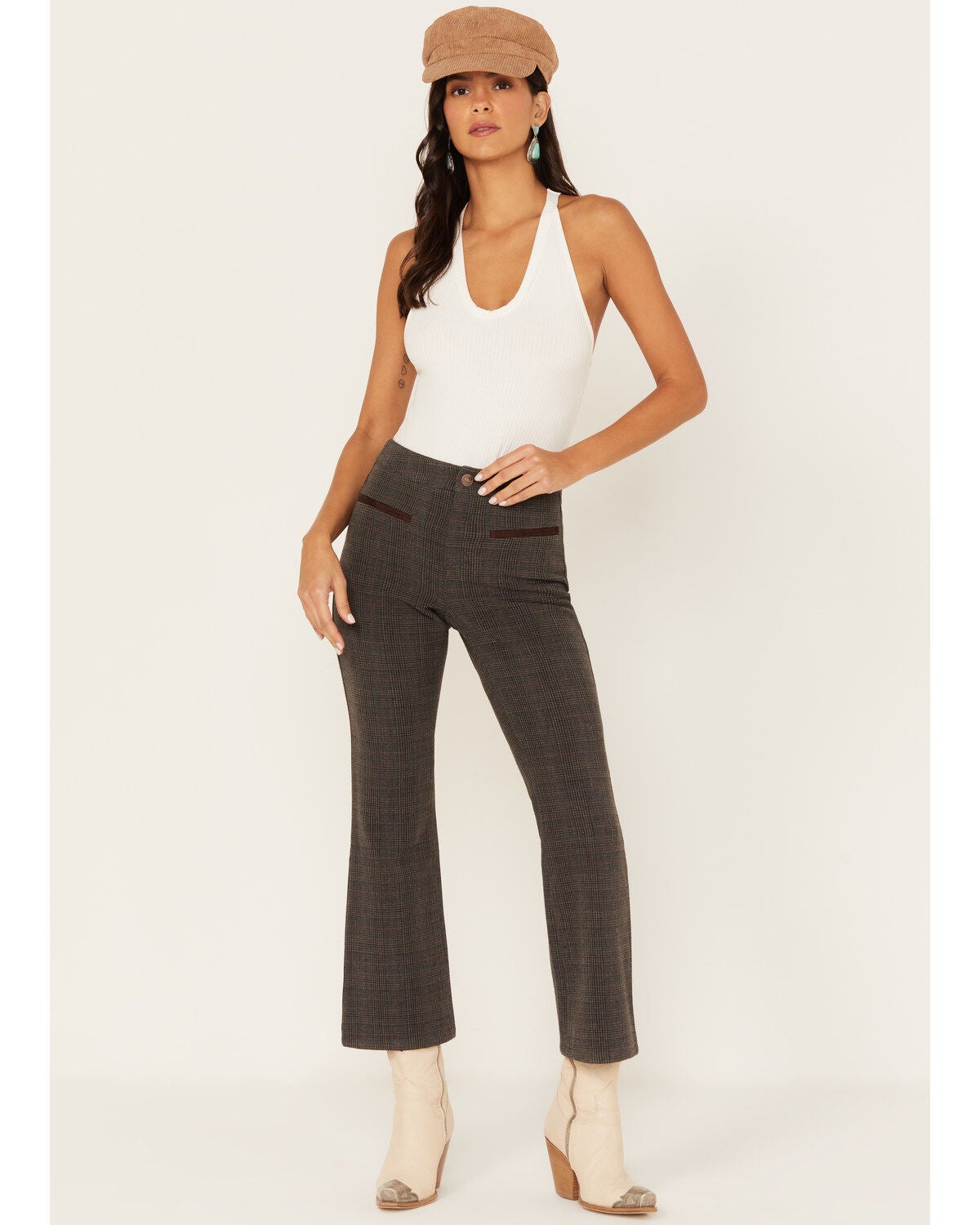 Shyanne Women's Plaid Print Flare Pants, Charcoal, hi-res