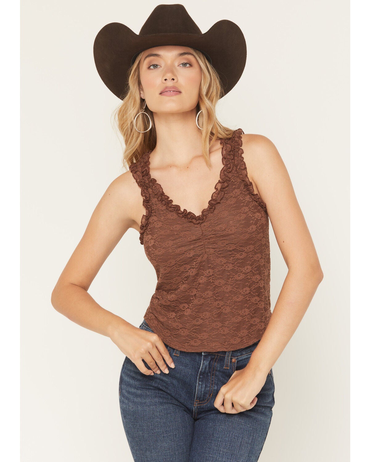 Shyanne Women's Solid Lace Sleeveless Ruffle Tank Top, Brown, hi-res