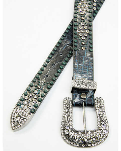 Image #2 - Shyanne Women's Silver Distressed Croc Turquoise & Rhinestone Bling Belt, Grey, hi-res