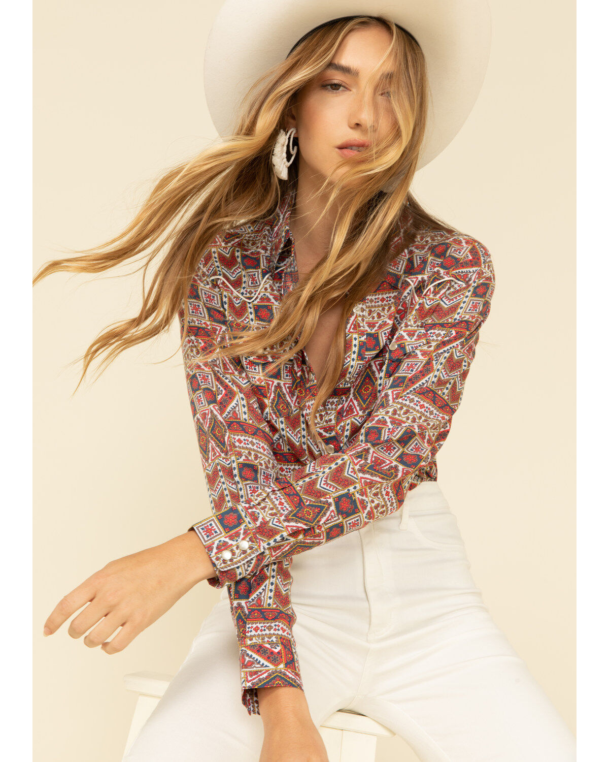 Image #1 - Wrangler Women's Rust Aztec Tile Print Snap Long Sleeve Western Top, , hi-res
