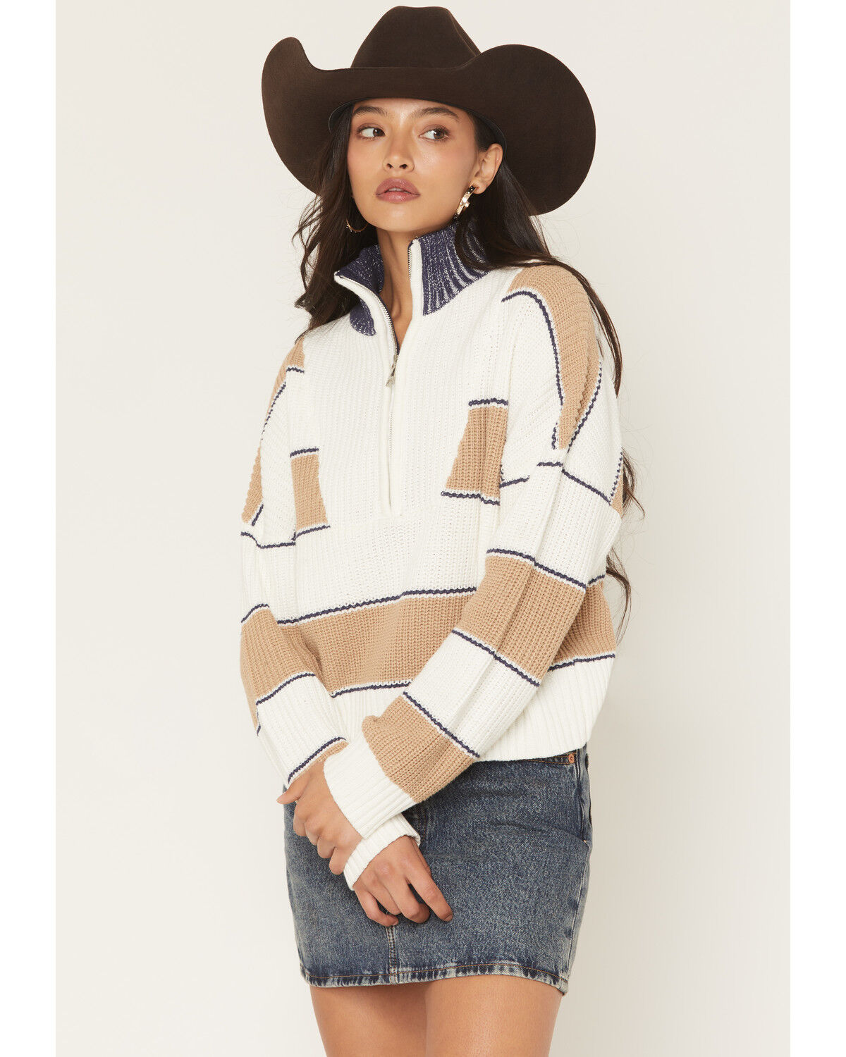 Image #1 - Elan Women's Striped Half Zip Sweater, Camel, hi-res