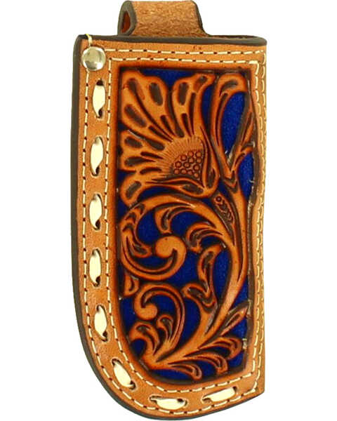 Nocona Floral Tooled Blue Inlay Leather Knife Sheath , Natural, hi-res