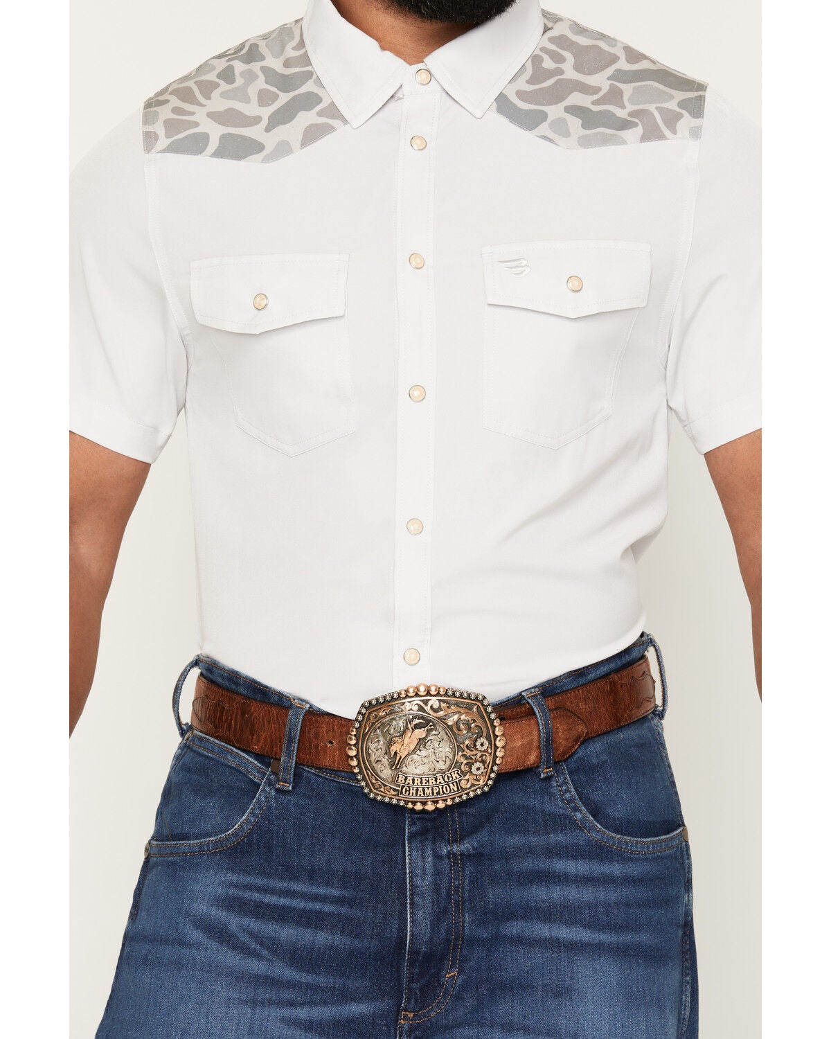 Image #3 - Burlebo Men's Camo Color Block Short Sleeve Snap Performance Western Shirt, Grey, hi-res