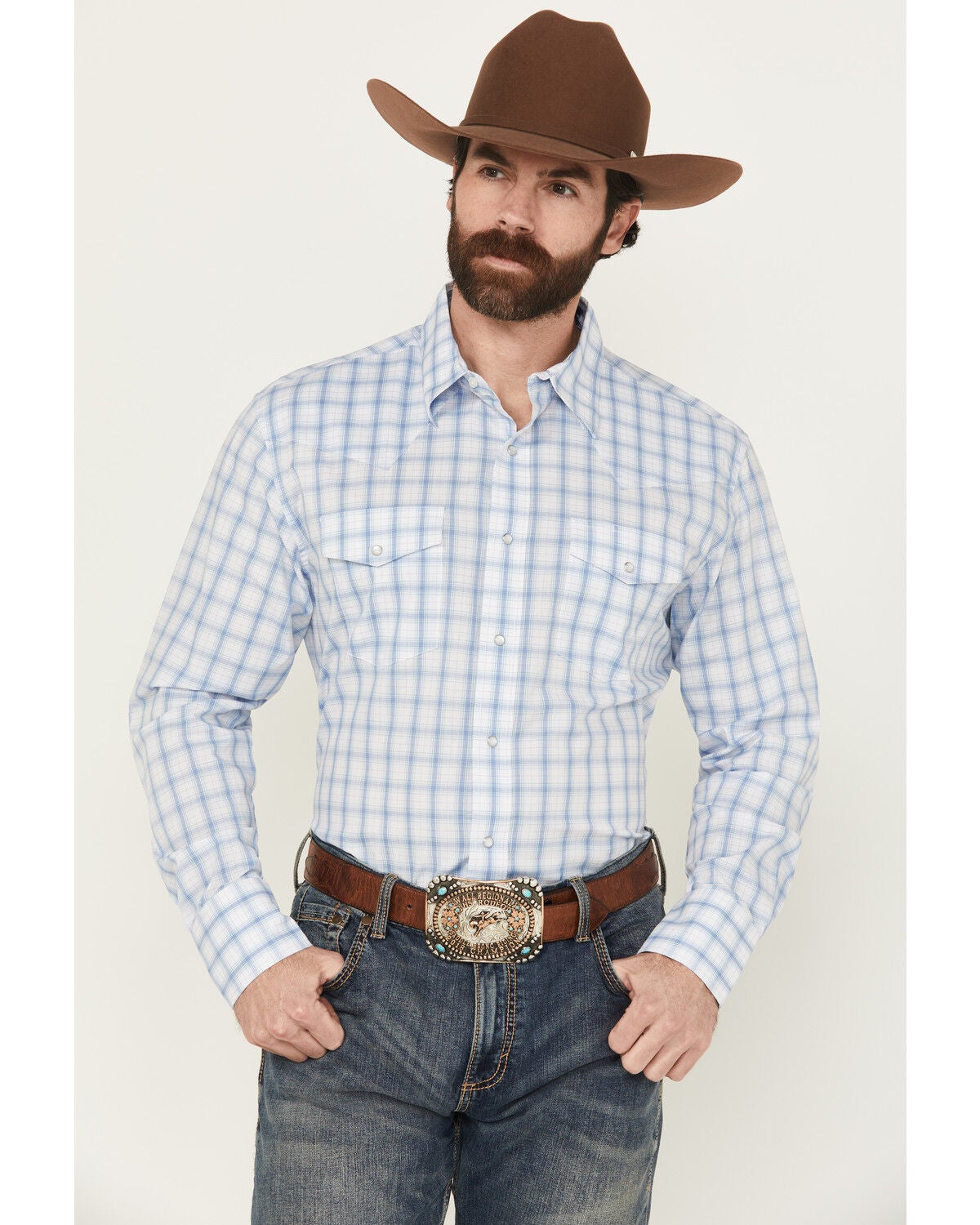 Wrangler Men's Plaid Print Long Sleeve Snap Stretch Western Shirt - Big, Blue, hi-res