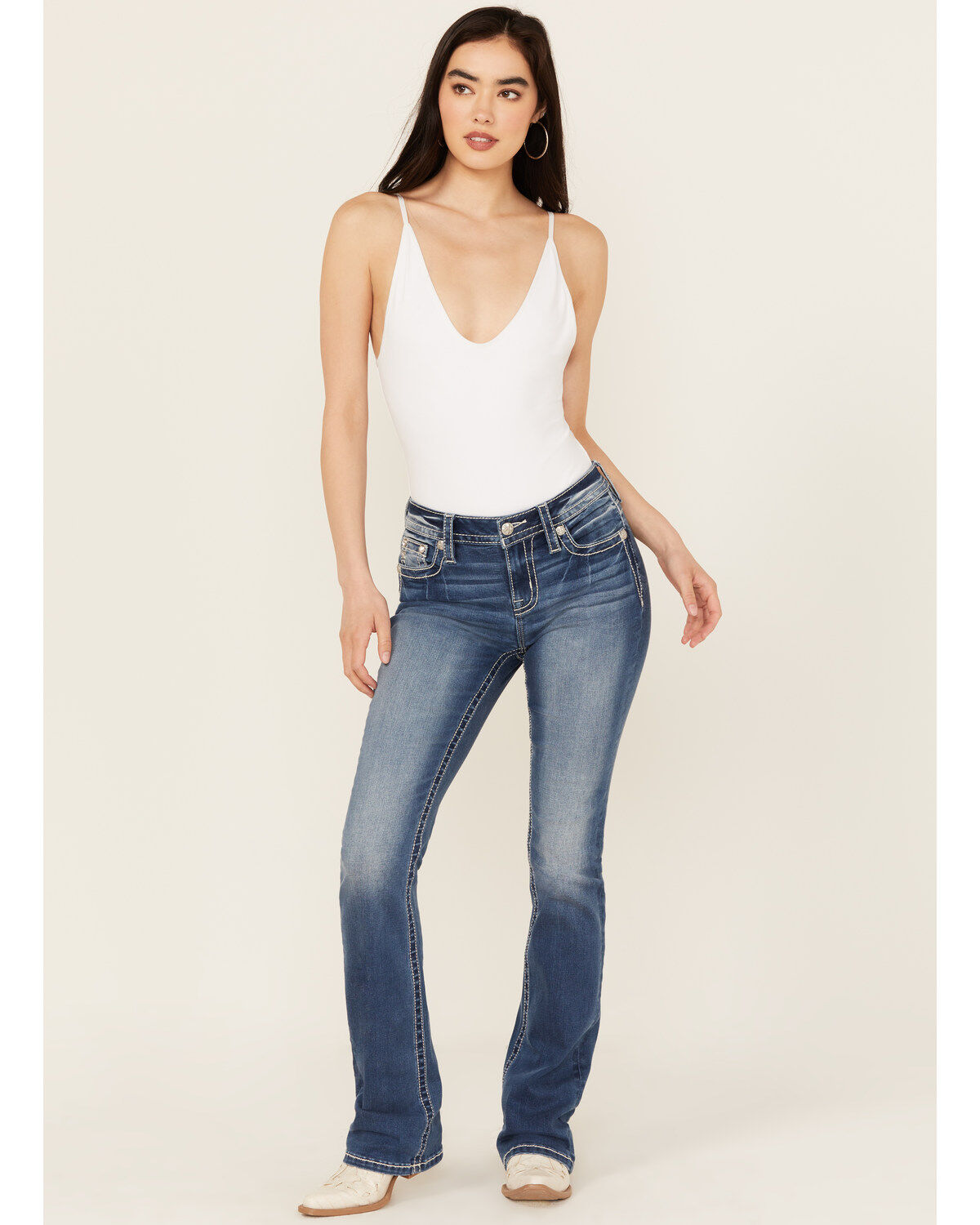 Product Name:  Miss Me Women's Dark Wash Mid Rise Faux Flap Pocket Bootcut Stretch Denim Jeans