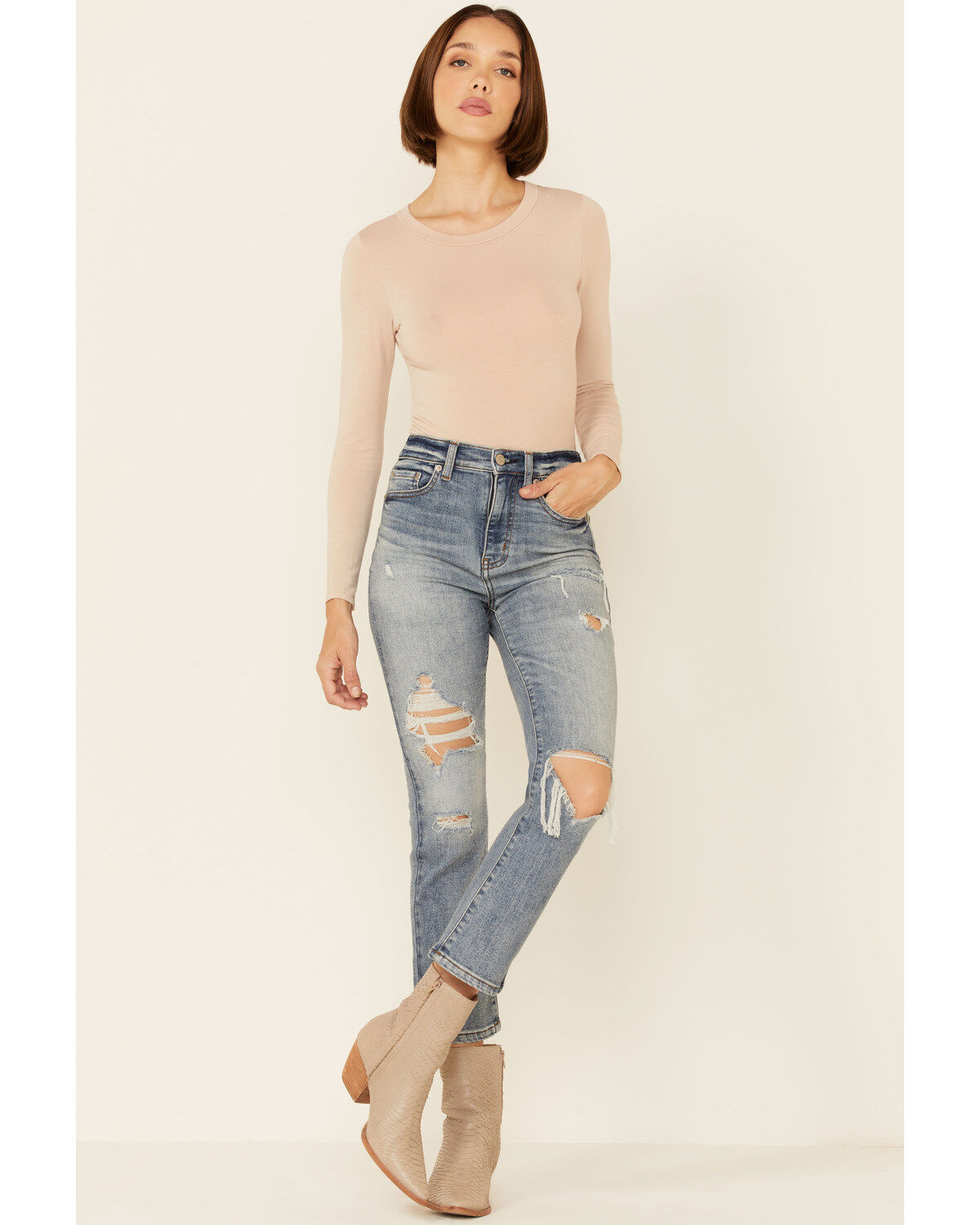 Image #1 - Daze Denim Women's Light Wash Distressed High Rise Straight Jeans, Light Blue, hi-res