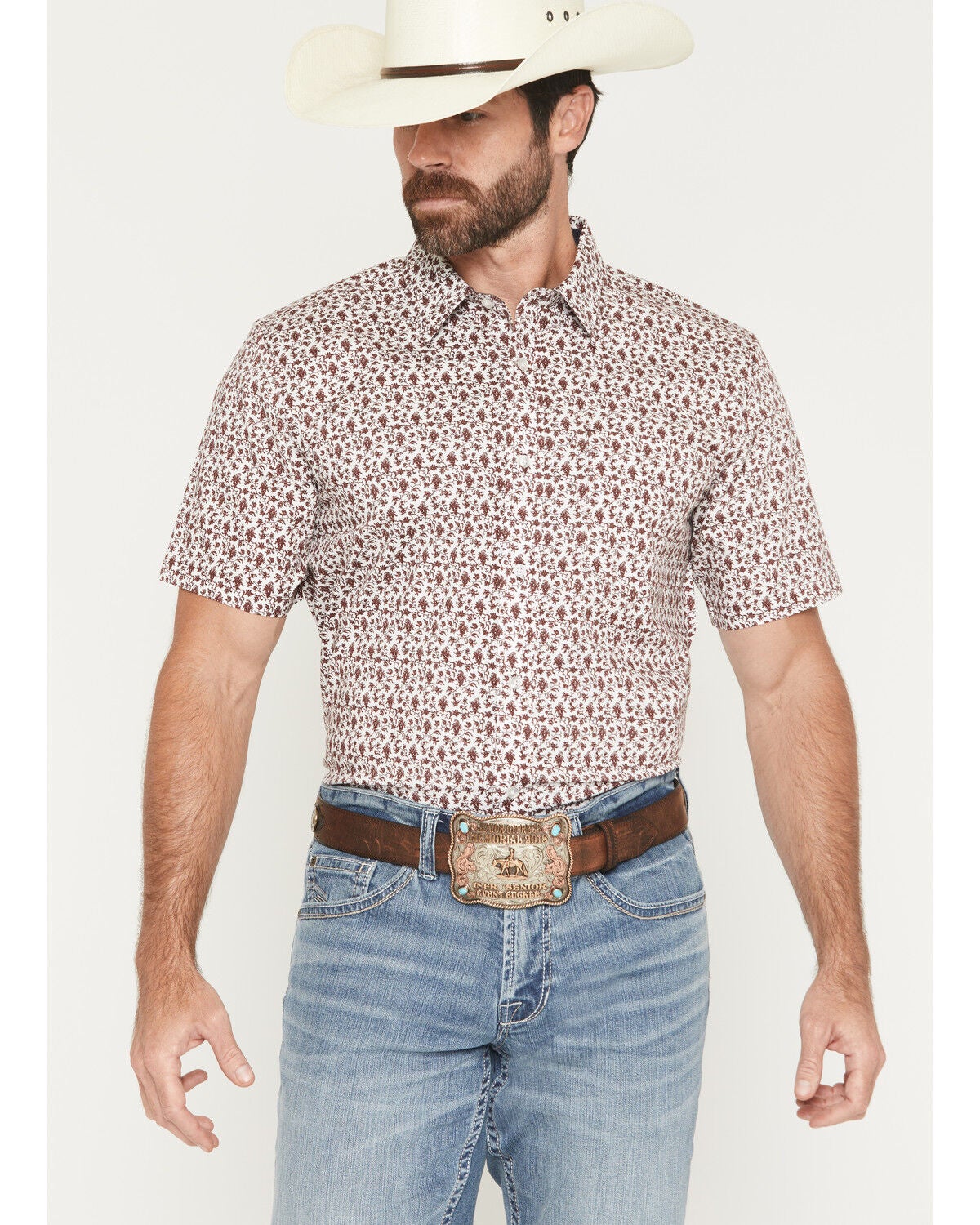 Image #1 - Cody James Men's Neon Moon Floral Print Short Sleeve Button-Down Stretch Western Shirt, Burgundy, hi-res