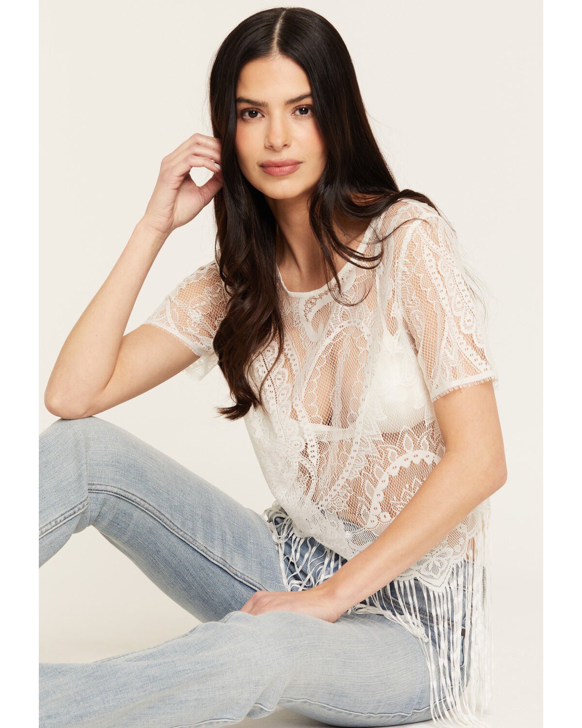 Image #1 - Idyllwind Women's Garland Lace Fringe Top, Ivory, hi-res