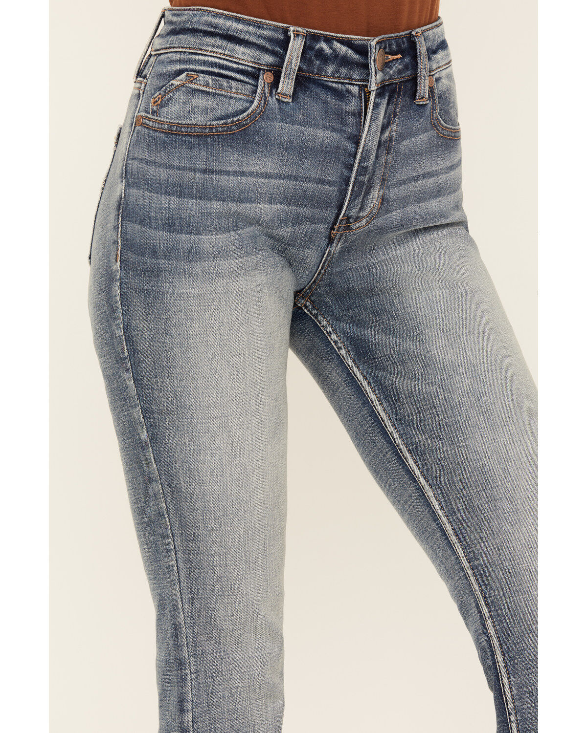 Image #4 - Shyanne Women's Medium Wash Aria Novelty Back Pocket Mid Rise Bootcut Stretch Denim Jeans, Medium Wash, hi-res