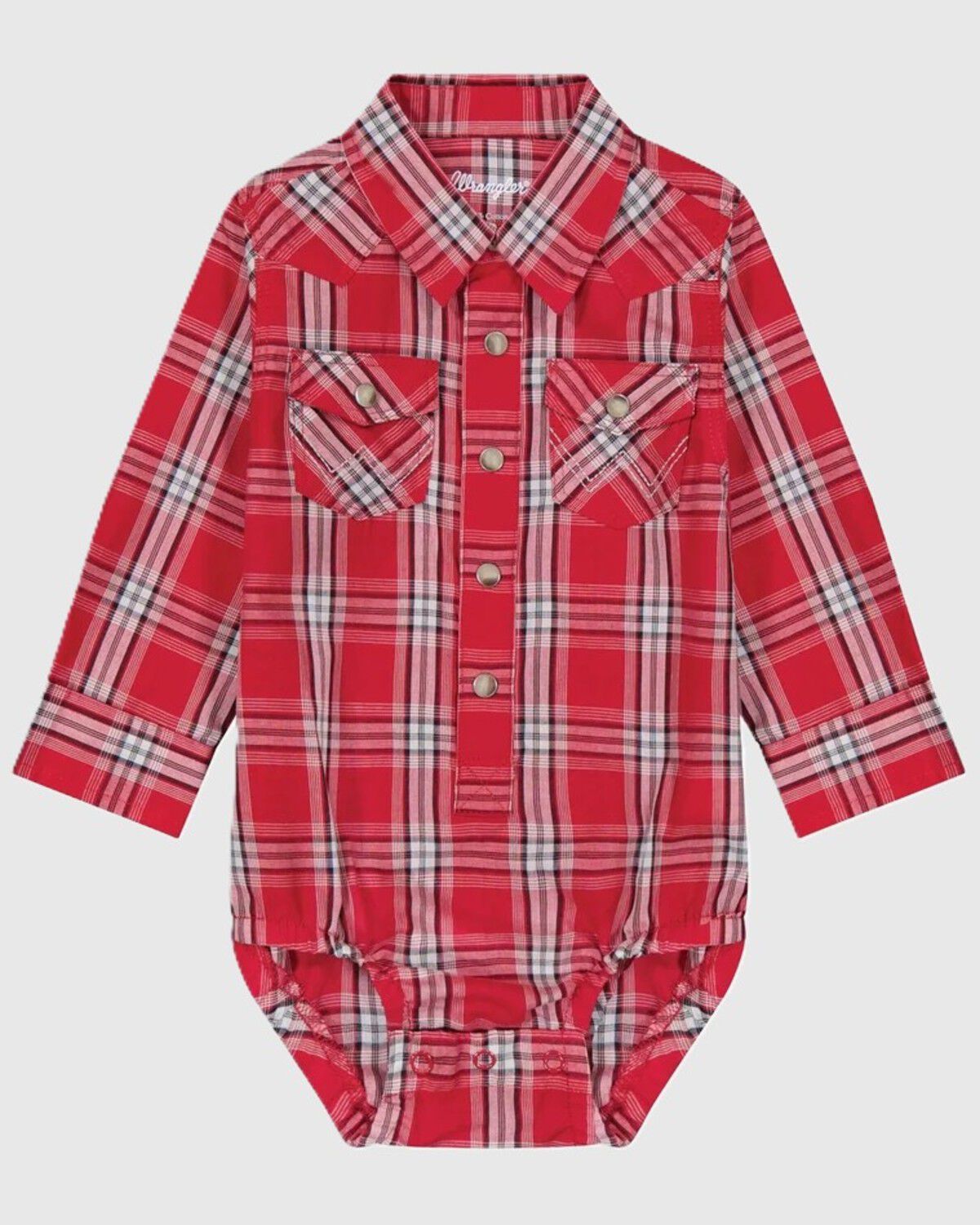 Wrangler Infant Boys' Plaid Print Long Sleeve Snap Onesie, Red, hi-res