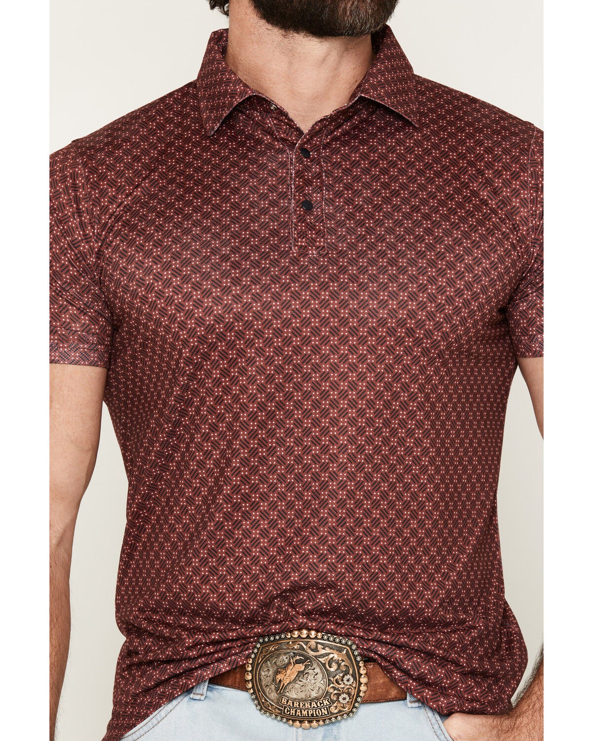 Image #3 - Cowboy Hardware Men's Mose Geo Print Short Sleeve Snap Polo, Maroon, hi-res