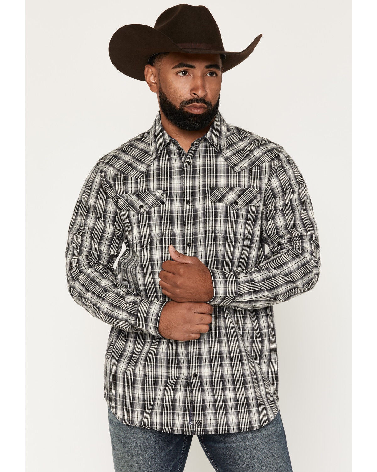 Moonshine Spirit&reg;&nbsp;Men's Kick Back Dobby Plaid Print Long Sleeve Snap Western Shirt, Black, hi-res
