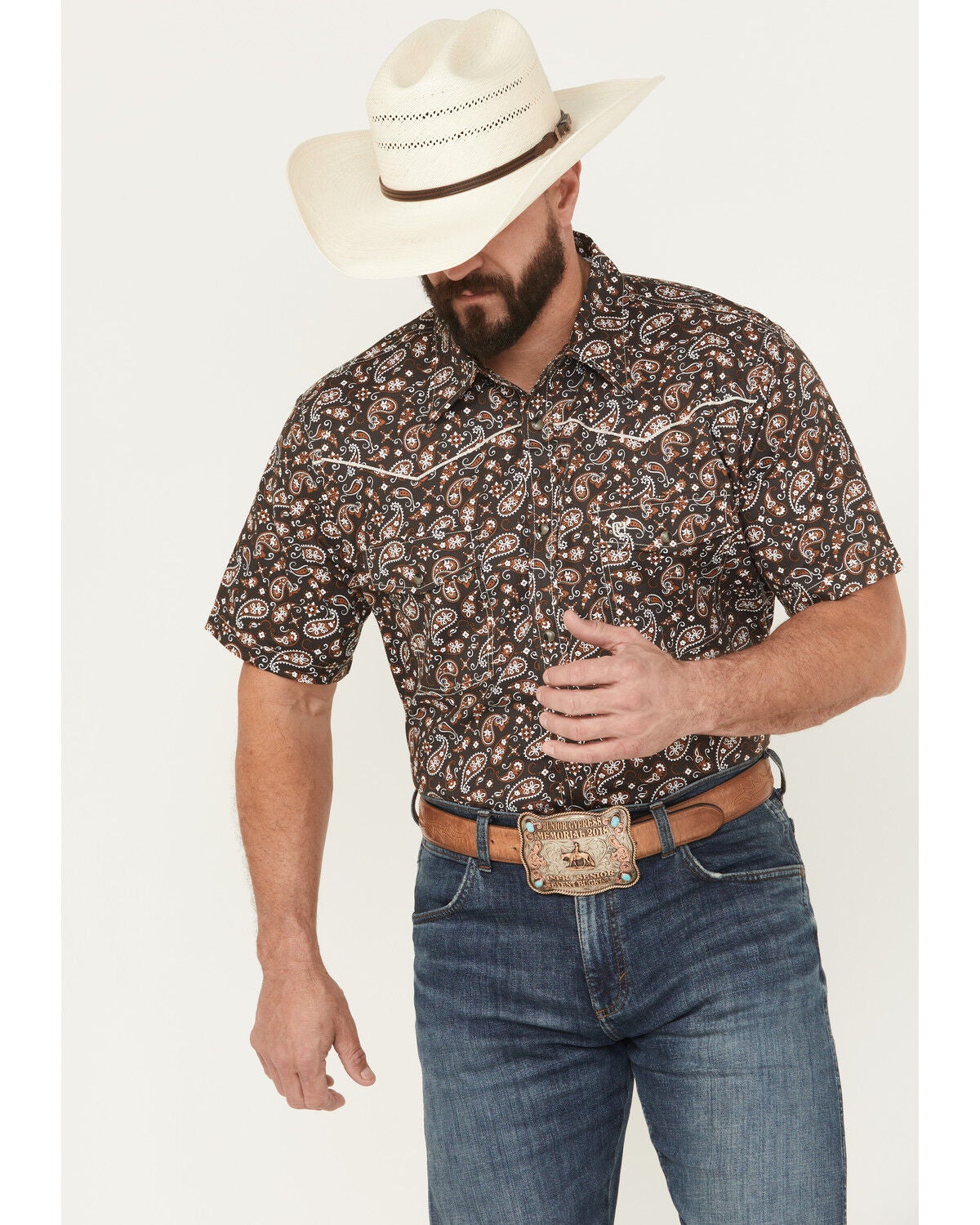 Cowboy Hardware Men's Paisley Print Short Sleeve Snap Stretch Western Shirt, Black, hi-res