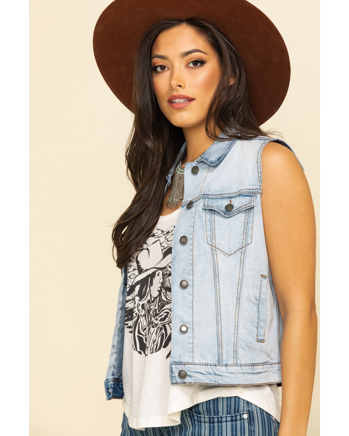 Image #5 - Stetson Women's Light Denim Horseshoe Vest, , hi-res