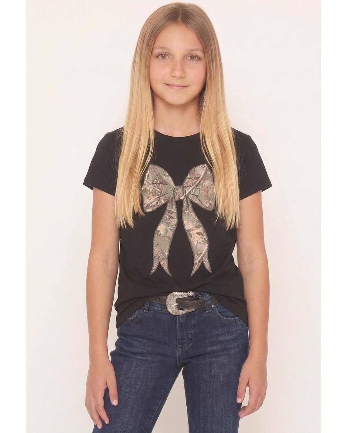 Americana Girls' Camo Bow Short Sleeve Graphic Tee, Black, hi-res
