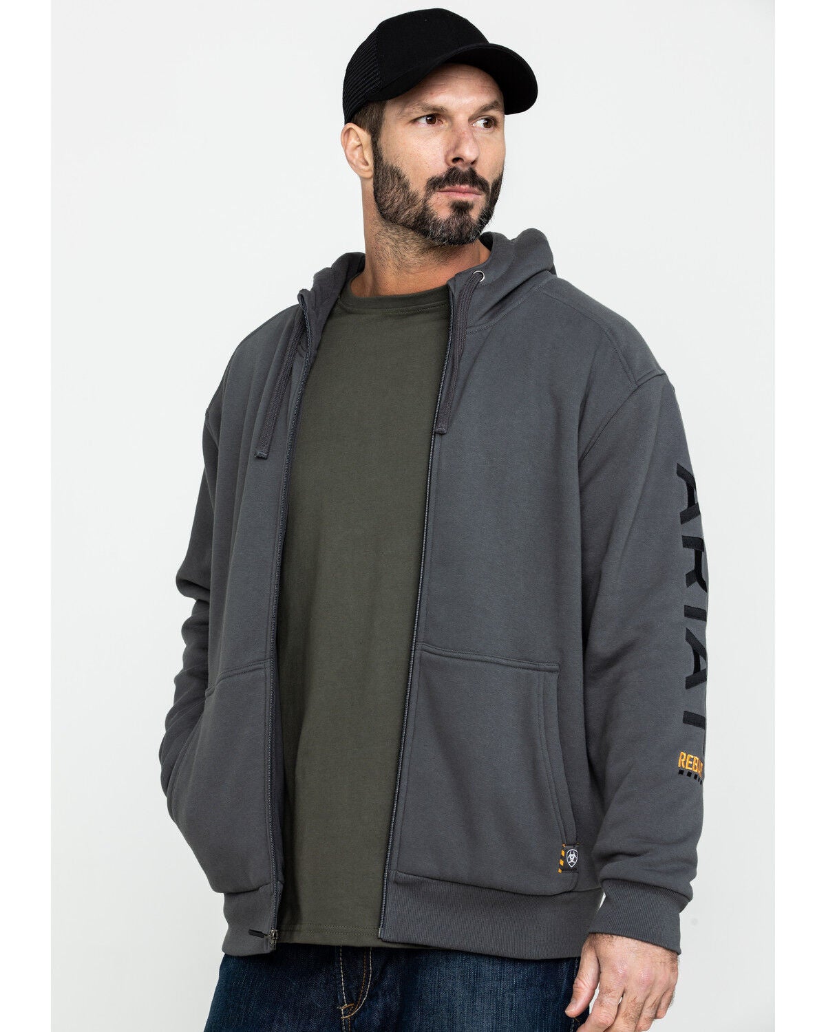 Ariat Men's Rebar All-Weather Full Zip Work Hooded Sweatshirt - Tall, Grey, hi-res