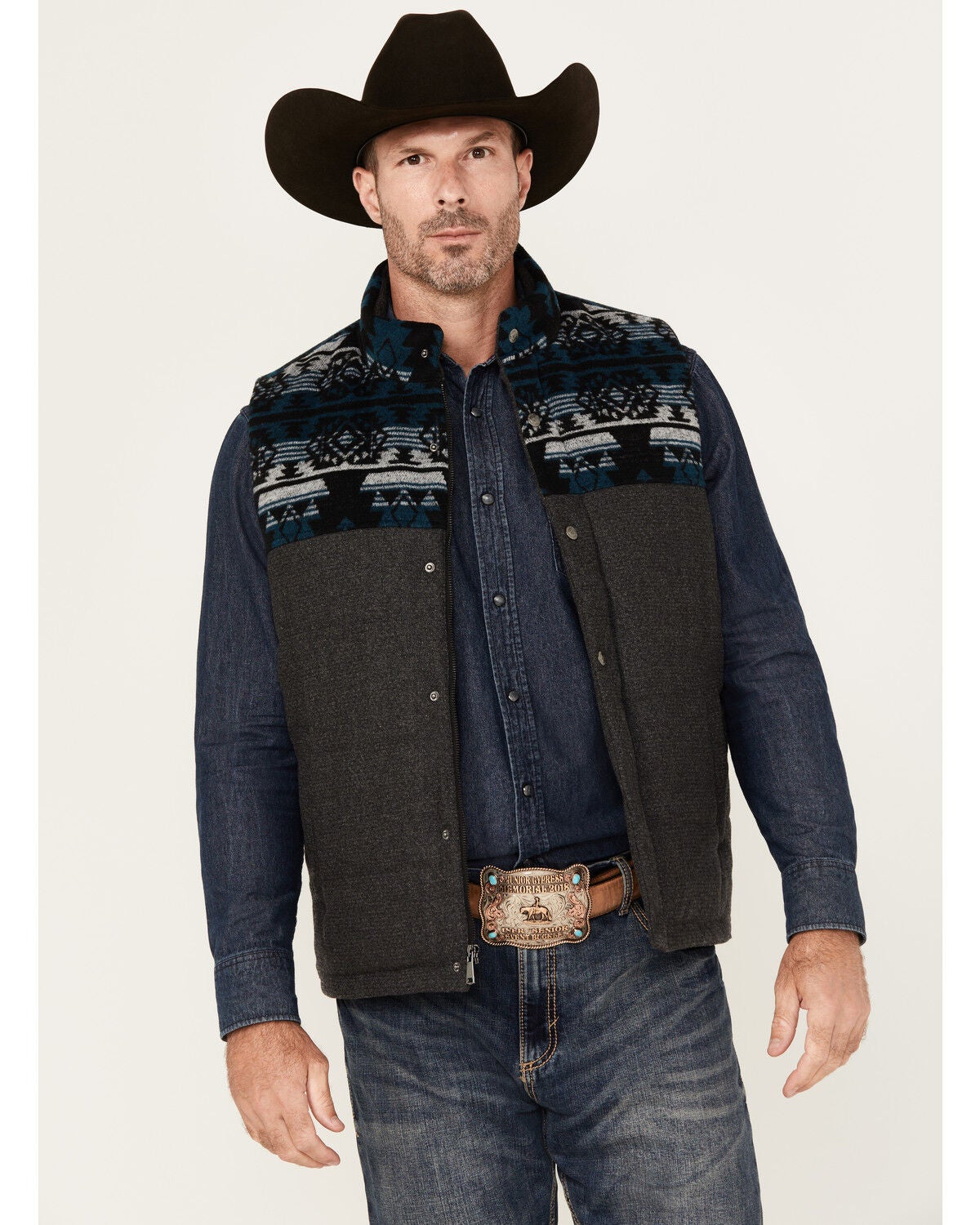 Cody James Men's Southwestern Print Yoke Wool Vest, Black, hi-res