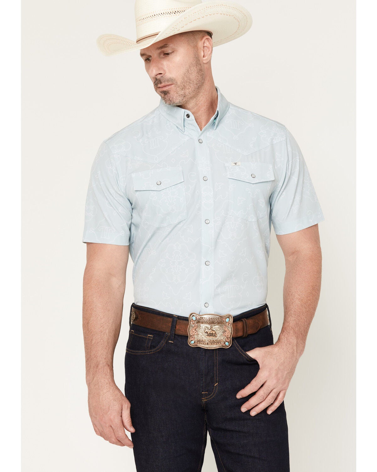 Image #1 - Ferrell Men's Carson Tek Bandana Print Short Sleeve Pearl Snap Stretch Western Shirt, Mint, hi-res