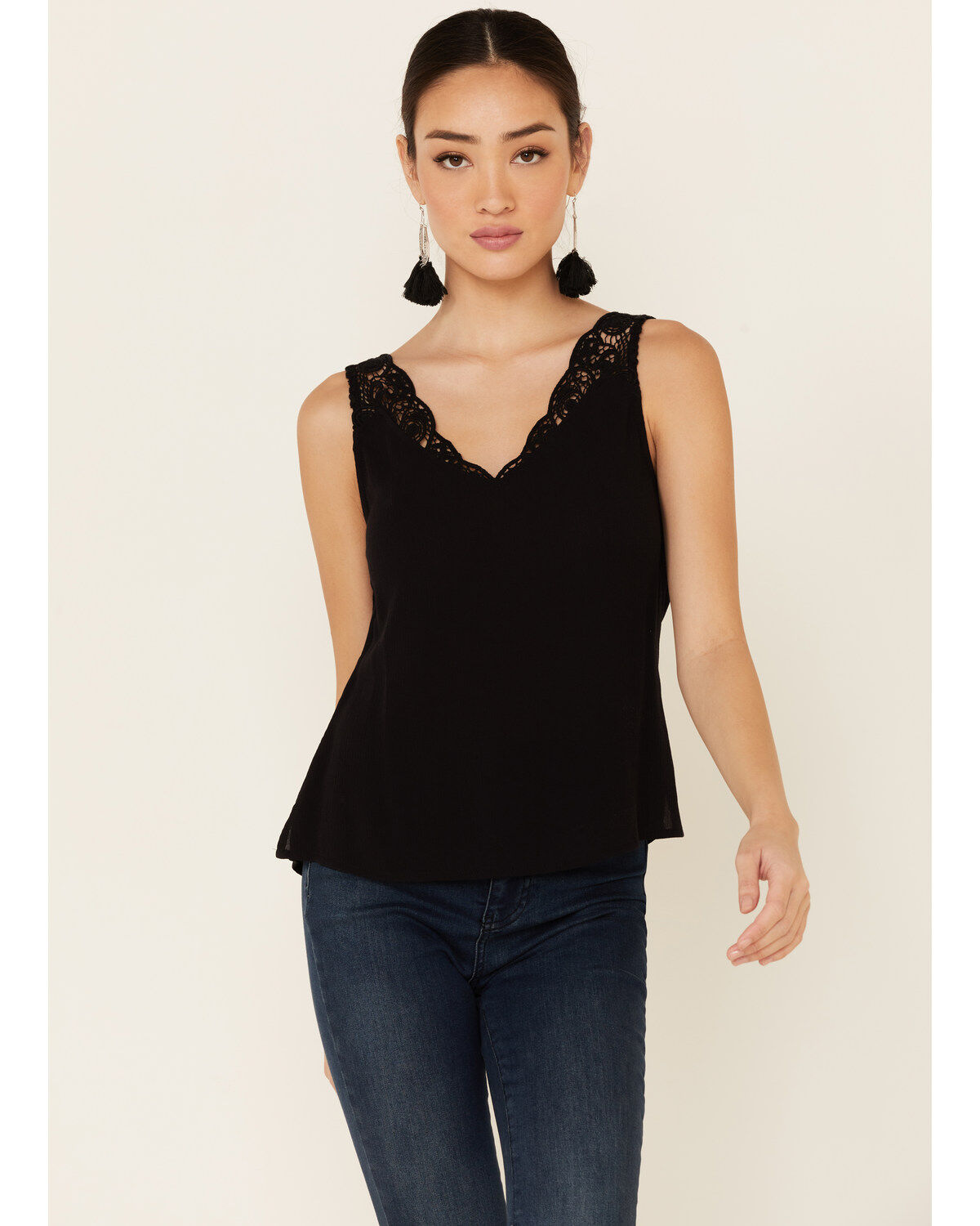 Image #1 - Shyanne Women's Black Ladder Lace Trim Tank Top , , hi-res