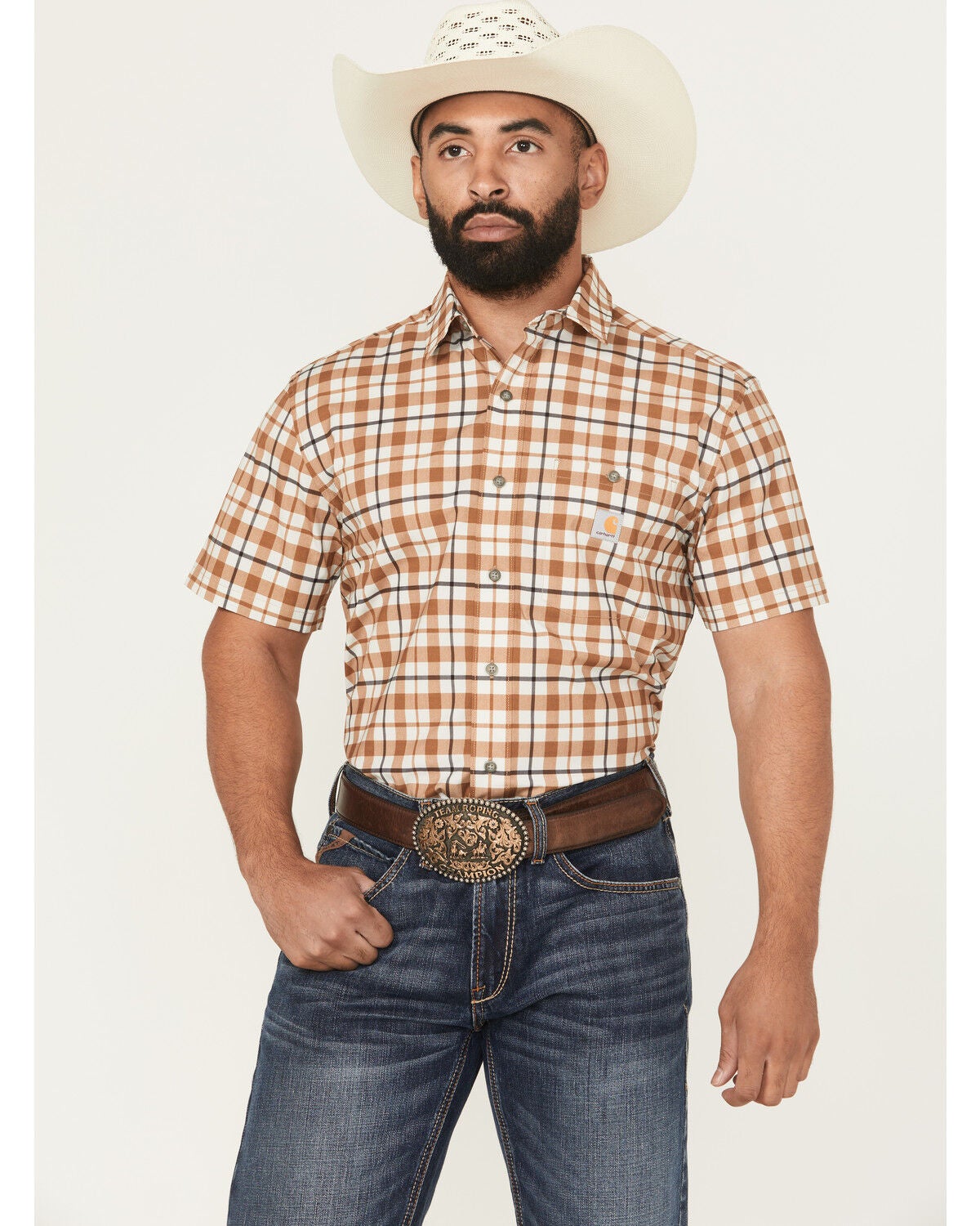 Carhartt Men's Force&reg; Sun Defender&trade; Relaxed Fit Lightweight Plaid Print Short Sleeve Button-Down Work Shirt, Brown, hi-res