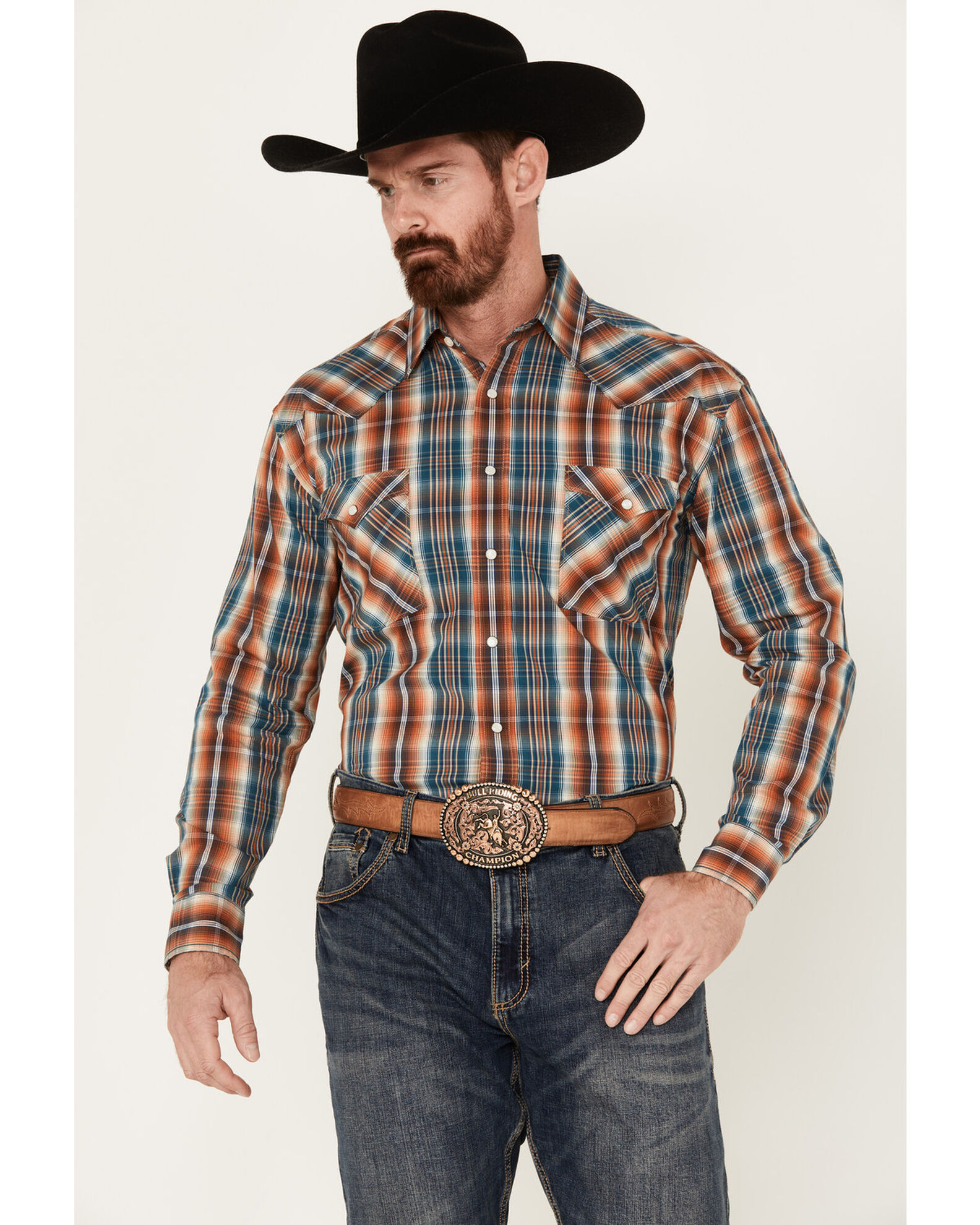 Panhandle Men's Plaid Print Long Sleeve Snap Stretch Western Shirt - Big